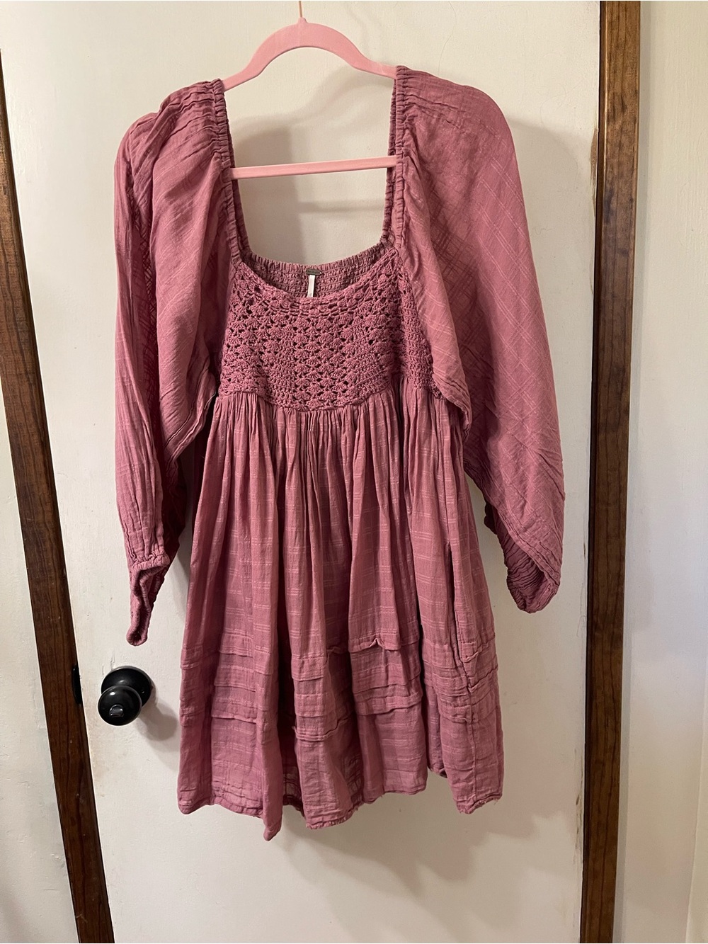 Free People Rose-Pink Smocked Crochet Dress Sz. M -#90